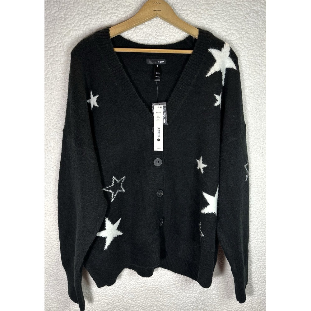 AQUA Womens Black/White Star Knit Button-Up Cardigan Size XL